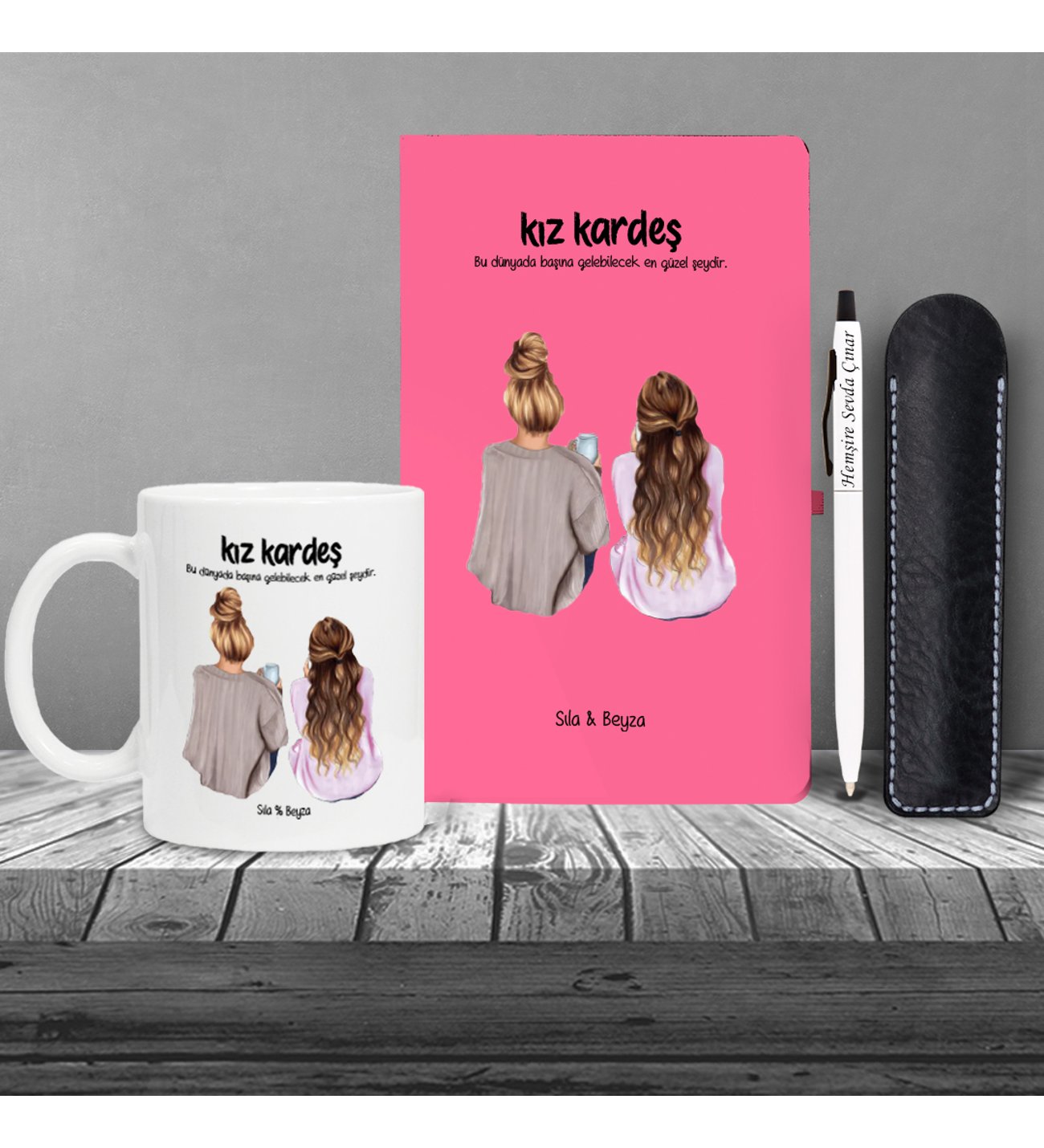 Kişiye Özel Kız Kardeş Seti Pembe Defter Metal & Beyaz Metal Tükenmez Kalem ve Kupa