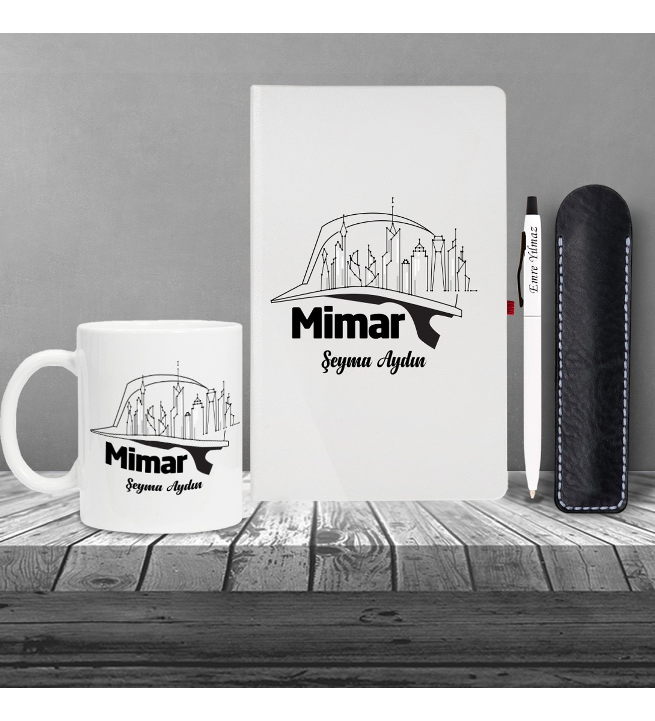 Kişiye Özel Mimar  Seti Beyaz Defter Metal & Beyaz Metal Tükenmez Kalem ve Kupa