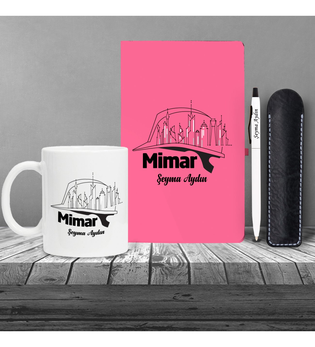 Kişiye Özel Mimar Seti Pembe Defter Metal & Beyaz Tükenmez Kalem ve Kupa