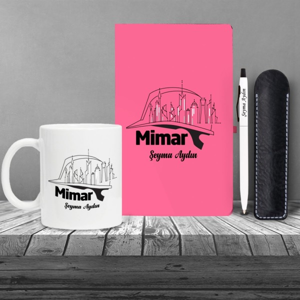 Kişiye Özel Mimar Seti Pembe Defter Metal & Beyaz Tükenmez Kalem ve Kupa