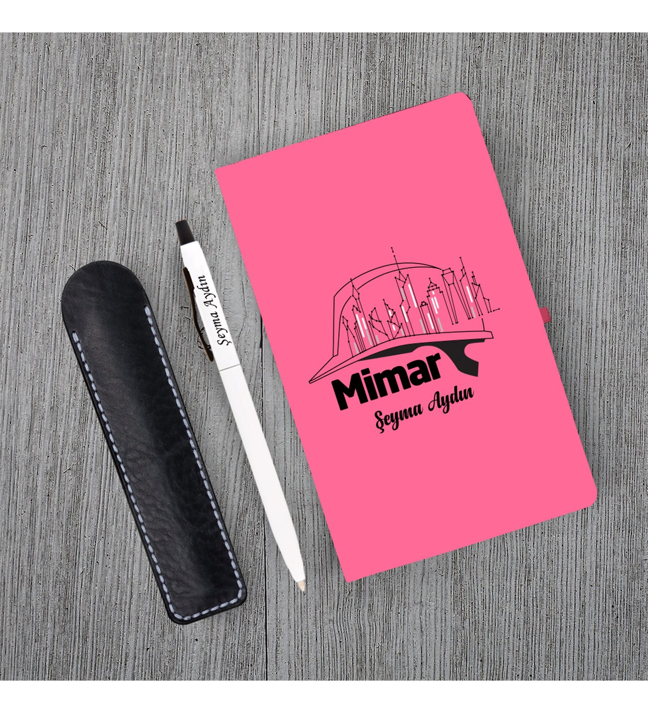 Kişiye Özel Mimar Seti Pembe Defter Metal & Beyaz Tükenmez Kalem ve Kupa