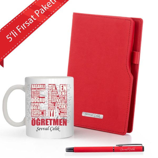 Kişiye Özel  Öğretmenler Günü 5 ' li İsme Özel Plakalı Siyah Defter & Siyah Roller Kalem ve En İyi Öğretmen  Kupa Seti