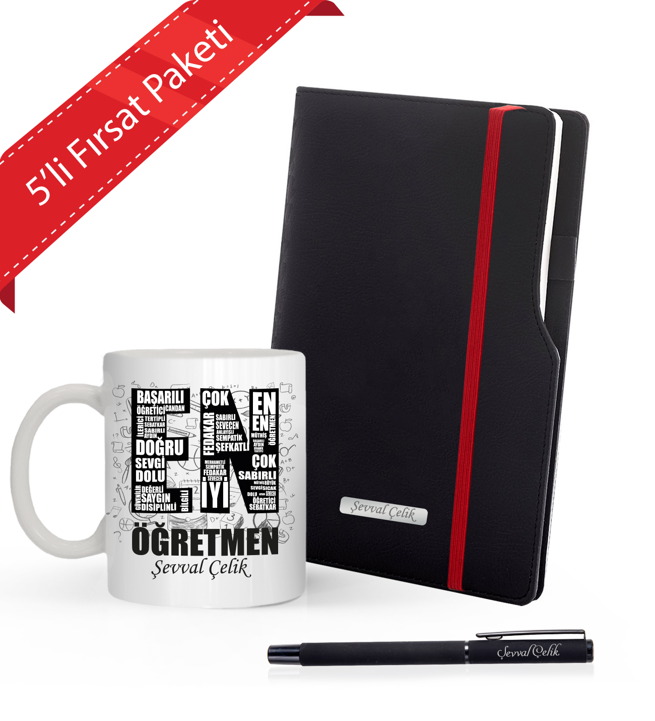 Kişiye Özel  Öğretmenler Günü 5 ' li İsme Özel Plakalı Siyah Defter & Siyah Roller Kalem ve En İyi Öğretmen  Kupa Seti