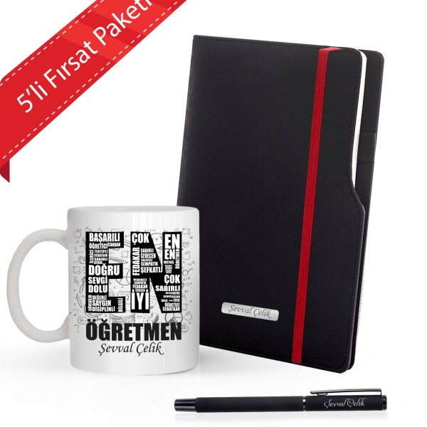 Kişiye Özel  Öğretmenler Günü 5 ' li İsme Özel Plakalı Siyah Defter & Siyah Roller Kalem ve En İyi Öğretmen  Kupa Seti
