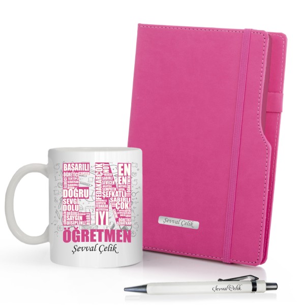 Kişiye Özel  Öğretmenler Günü 5 ' li İsme Özel Plakalı Siyah Defter & Siyah Roller Kalem ve En İyi Öğretmen  Kupa Seti