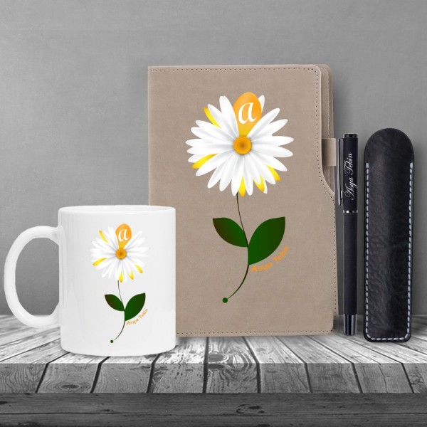 Kişiye Özel Papatya Desenli UV Baskılı Defter ve Roller Kalem Kupa Seti Kişiye Özel Papatya Desenli UV Baskılı Defter ve Roller Kalem Kupa Seti