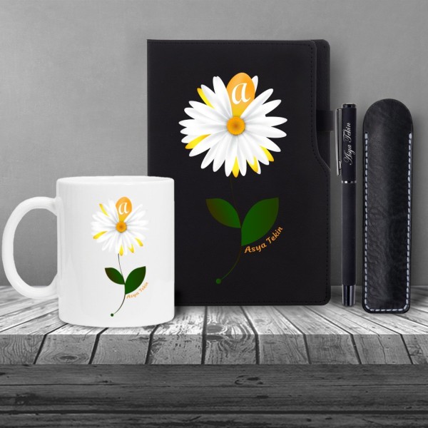 Kişiye Özel Papatya Desenli Uv Baskılı Siyah Defter Roller Kalem Kupa Seti Kişiye Özel Papatya Desenli Uv Baskılı Siyah Defter Roller Kalem Kupa Seti