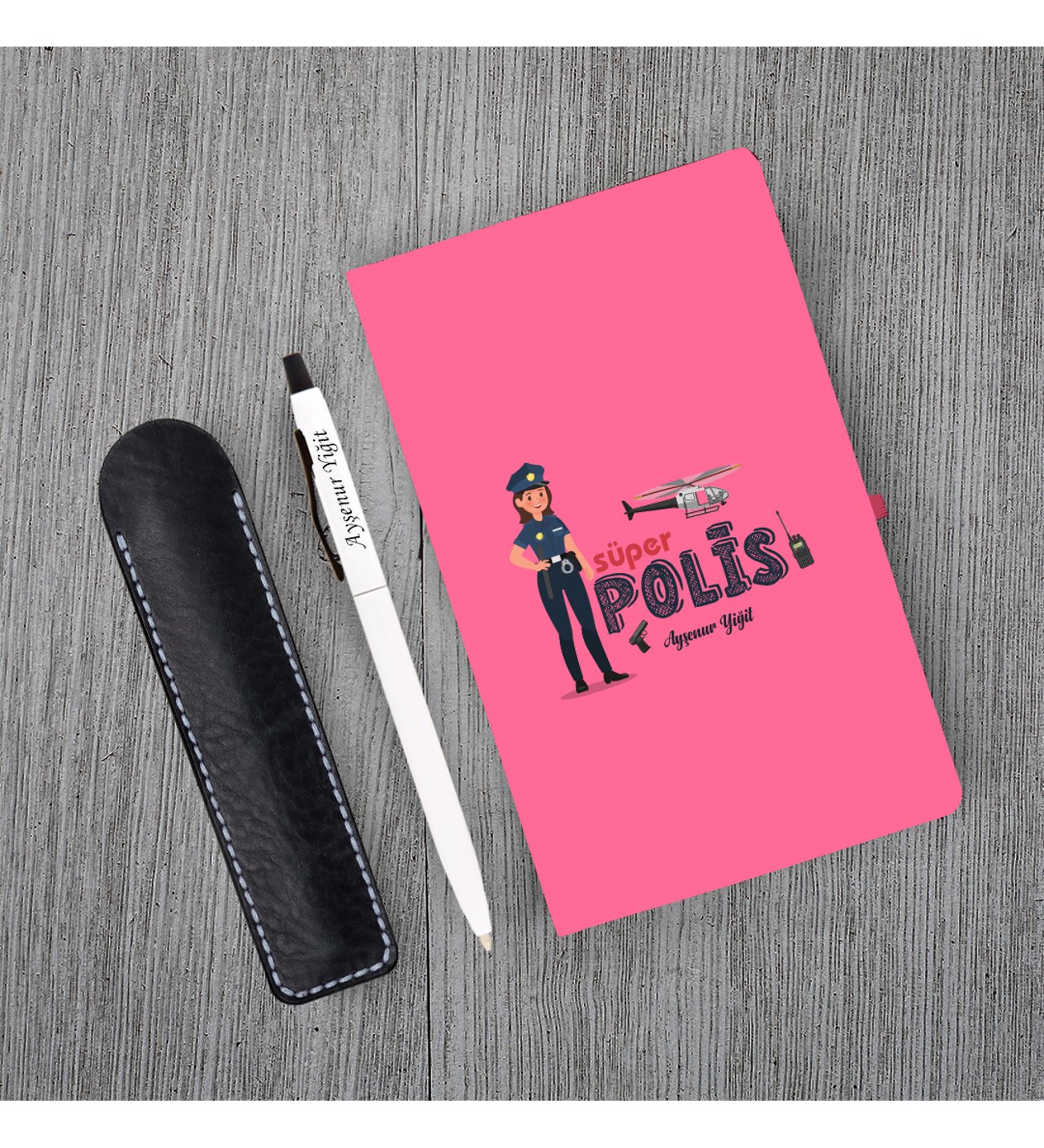 Kişiye Özel Polis Temalı Pembe Defter & Metal Beyaz Tükenmez Kalem