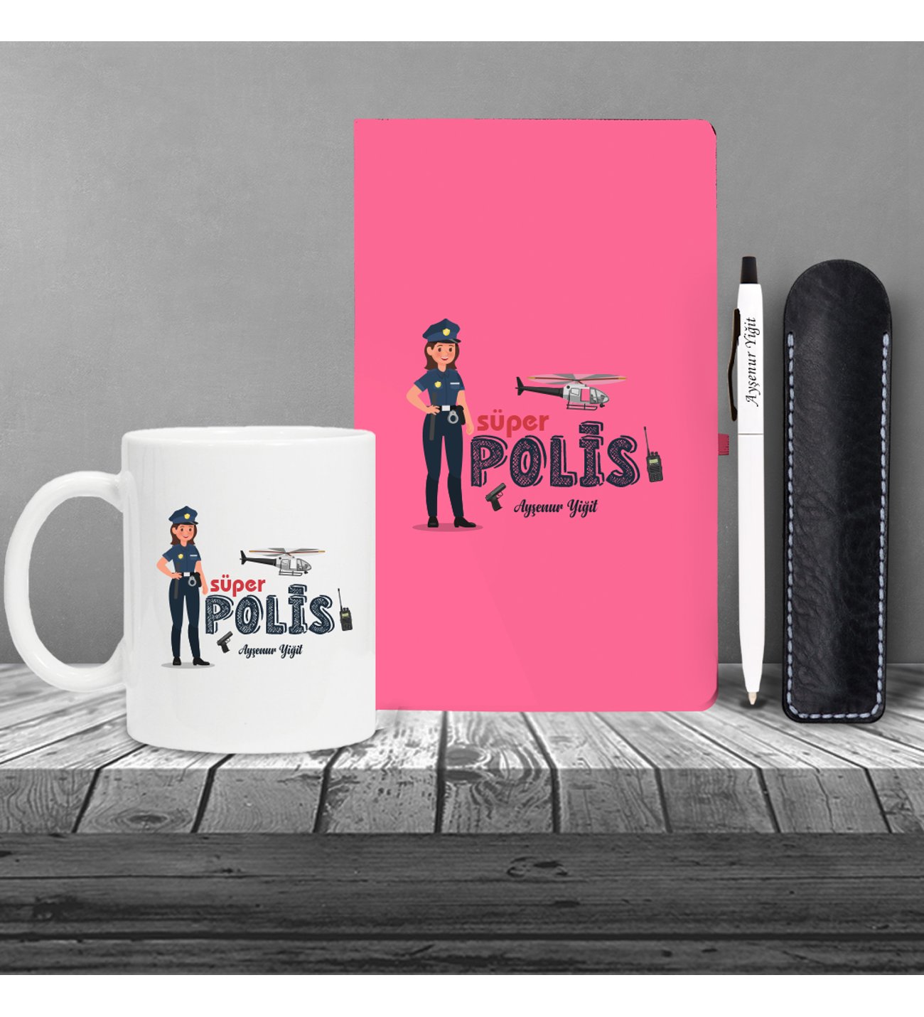 Kişiye Özel Polis Temalı Pembe Defter & Metal Beyaz Tükenmez Kalem ve Kupa Seti