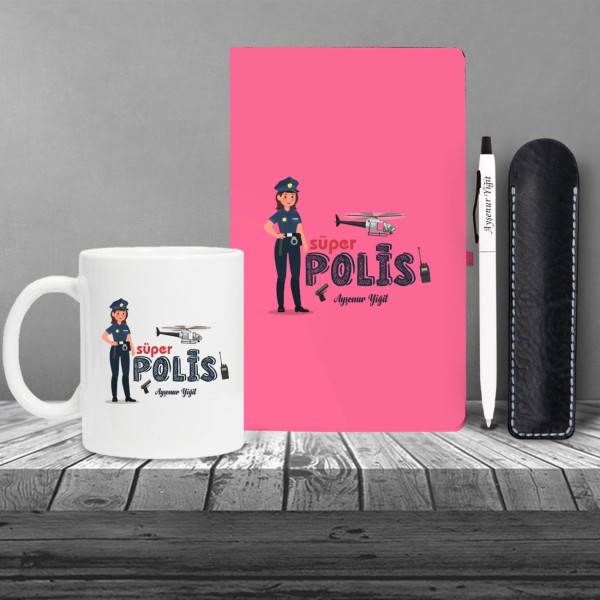 Kişiye Özel Polis Temalı Pembe Defter & Metal Beyaz Tükenmez Kalem ve Kupa Seti