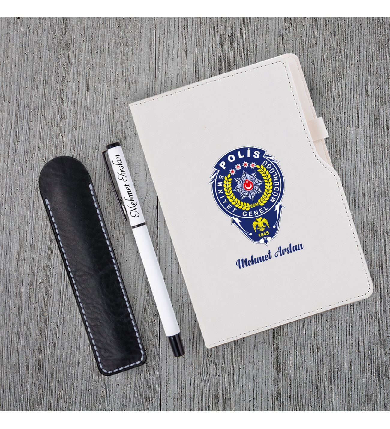 Kişiye Özel Polis Temalı UV Baskılı Beyaz Defter & Beyaz Roller Kalem