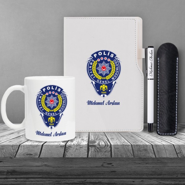 Kişiye Özel Polis Temalı UV Baskılı Beyaz Defter & Roller Beyaz Kalem ve Kupa Seti