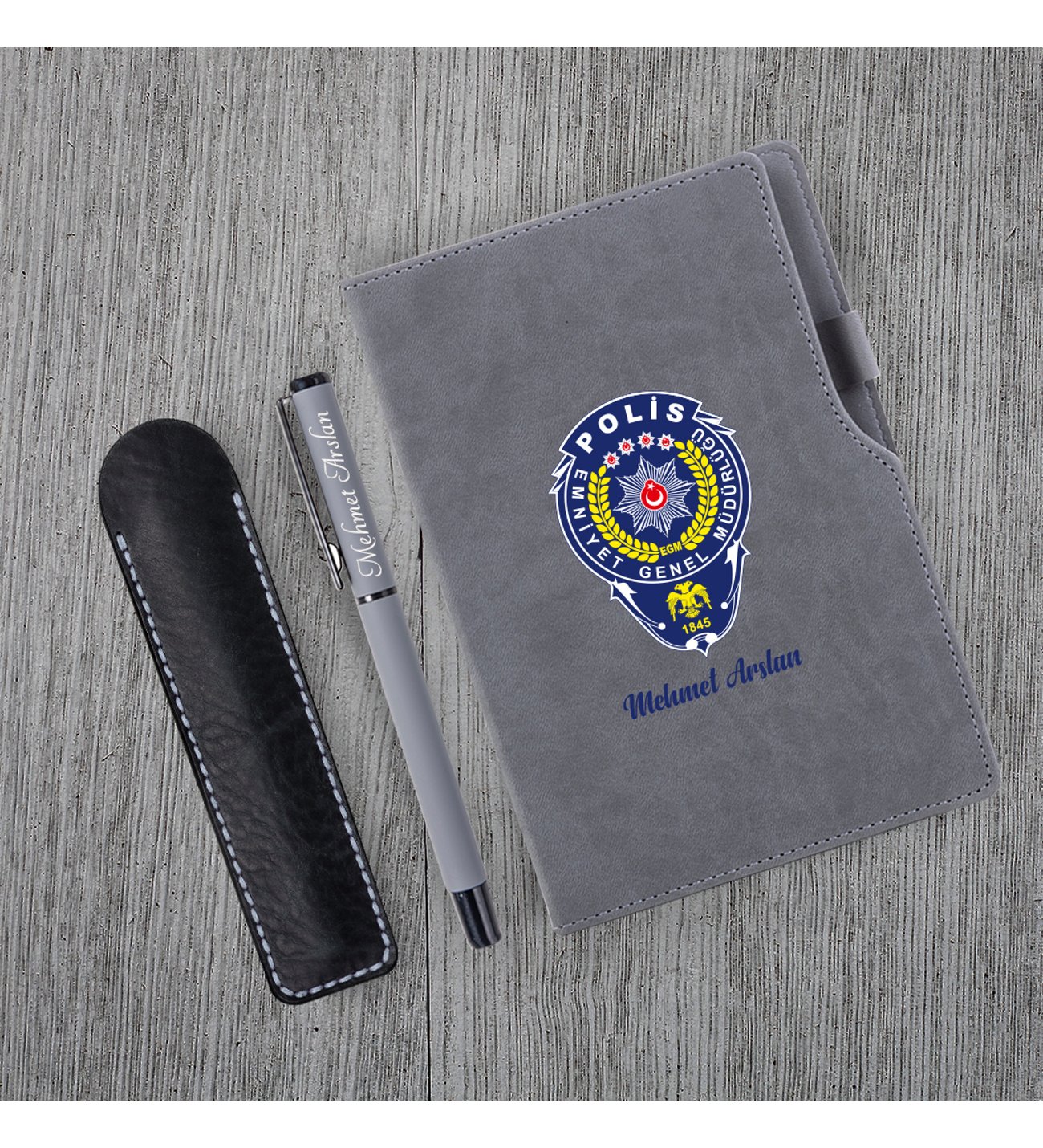 Kişiye Özel Polis Temalı UV Baskılı Gri Defter & Gri Roller  Kalem
