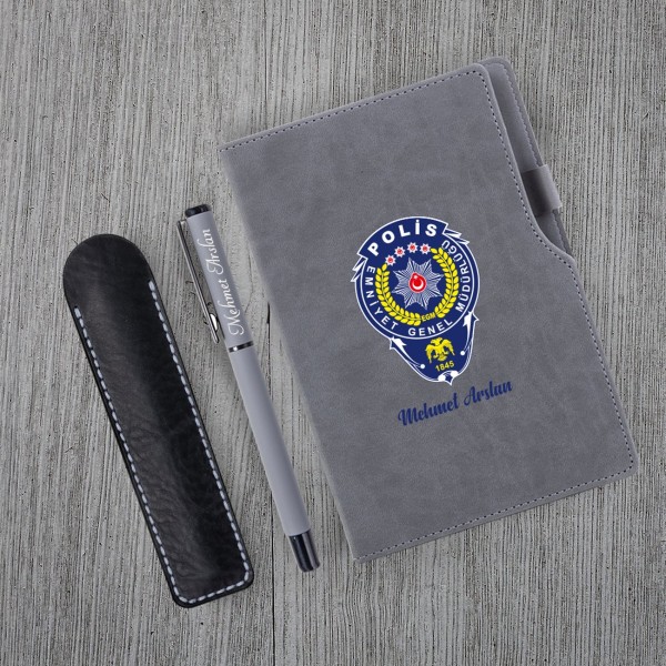 Kişiye Özel Polis Temalı UV Baskılı Gri Defter & Gri Roller Kalem Kişiye Özel Polis Temalı UV Baskılı Gri Defter & Gri Roller Kalem