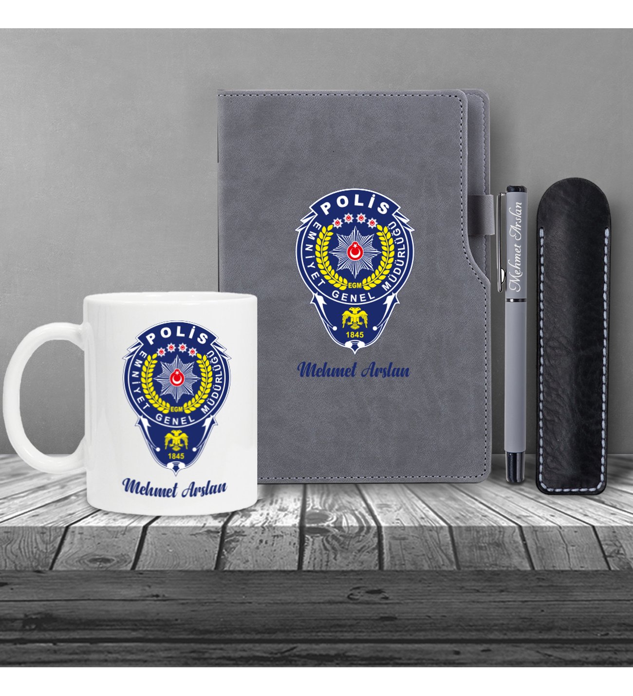 Kişiye Özel Polis Temalı UV Baskılı Gri Defter & Gri Roller Kalem ve Kupa Seti