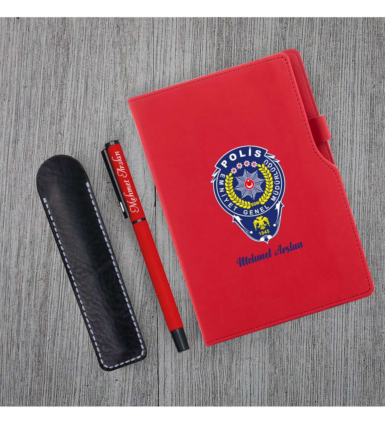 Kişiye Özel Polis Temalı UV Baskılı Kırmızı Defter & Kırmızı Roller Kalem