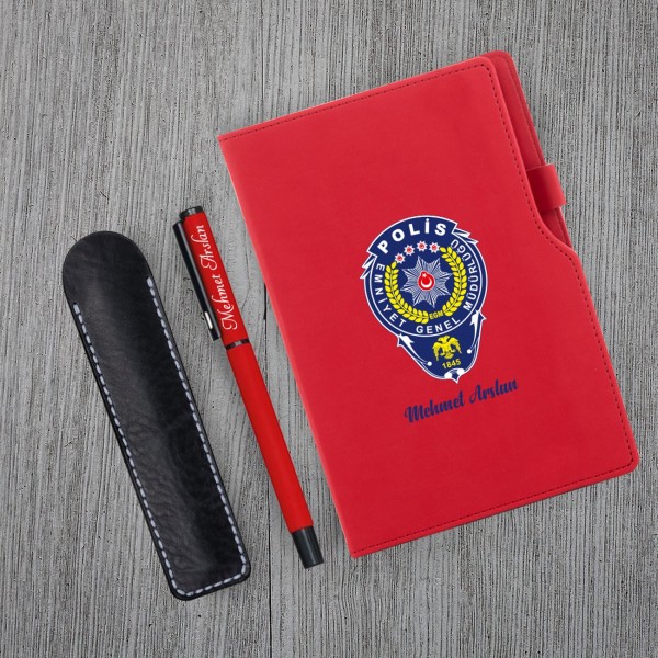 Kişiye Özel Polis Temalı UV Baskılı Kırmızı Defter & Kırmızı Roller  Kalem ve Kupa Seti
