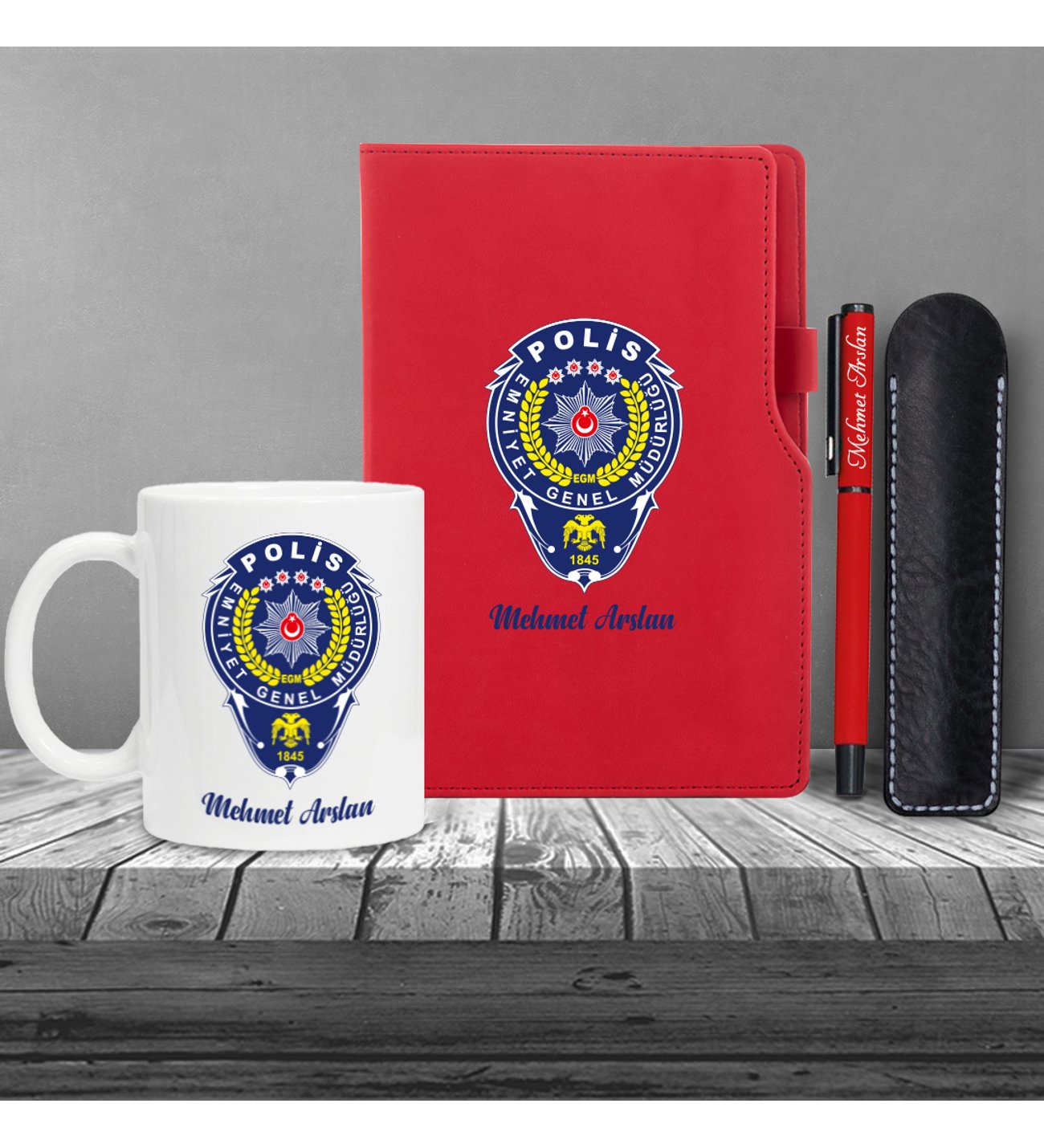 Kişiye Özel Polis Temalı UV Baskılı Kırmızı Defter & Kırmızı Roller  Kalem ve Kupa Seti