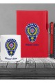 Kişiye Özel Polis Temalı UV Baskılı Kırmızı Defter & Kırmızı Roller  Kalem ve Kupa Seti
