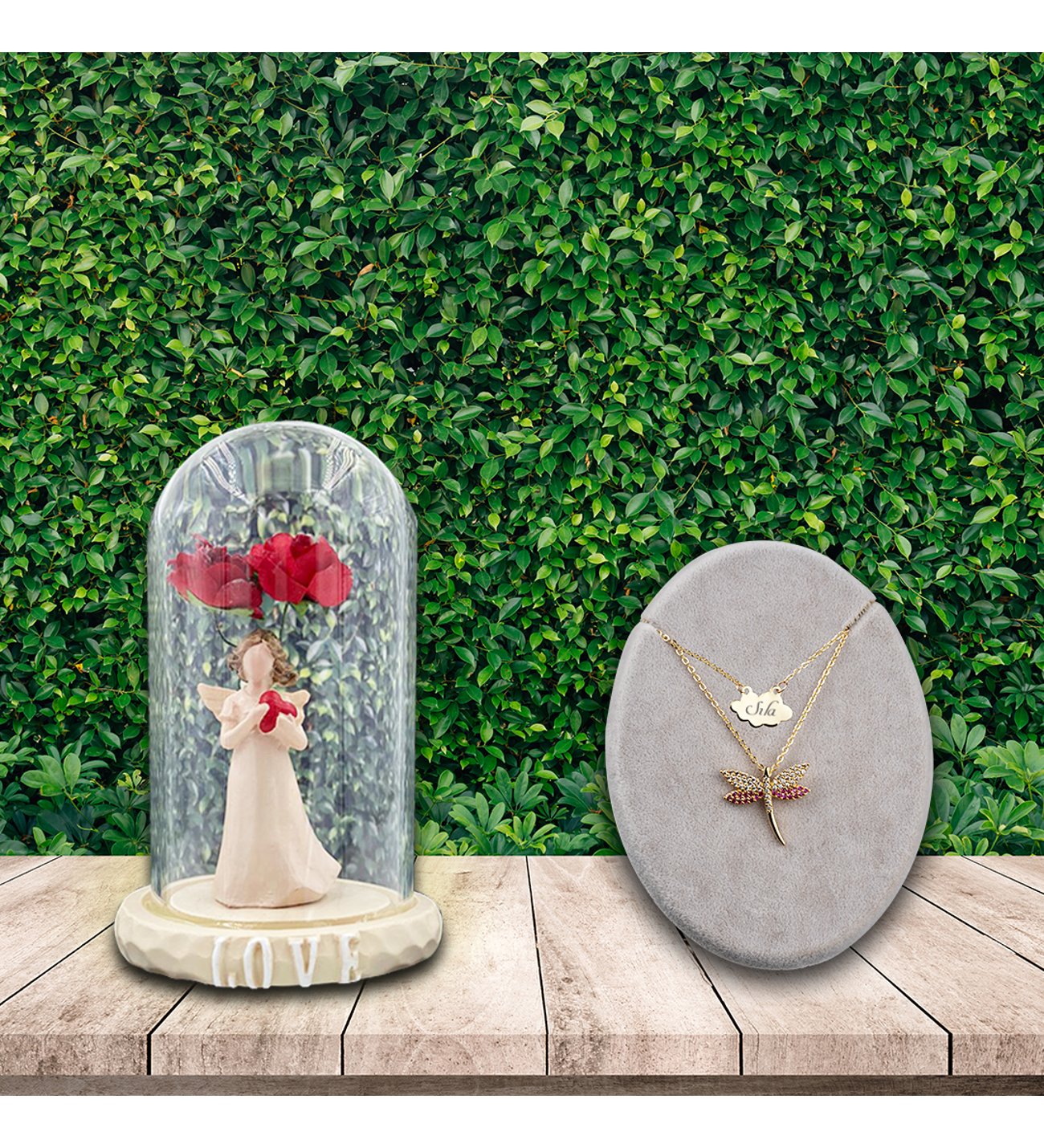 Kişiye Özel Ruby Yusufcuk Kolye ve Aşk Perisi Fanus Kişiye Özel Ruby Yusufcuk Kolye ve Aşk Perisi Fanus