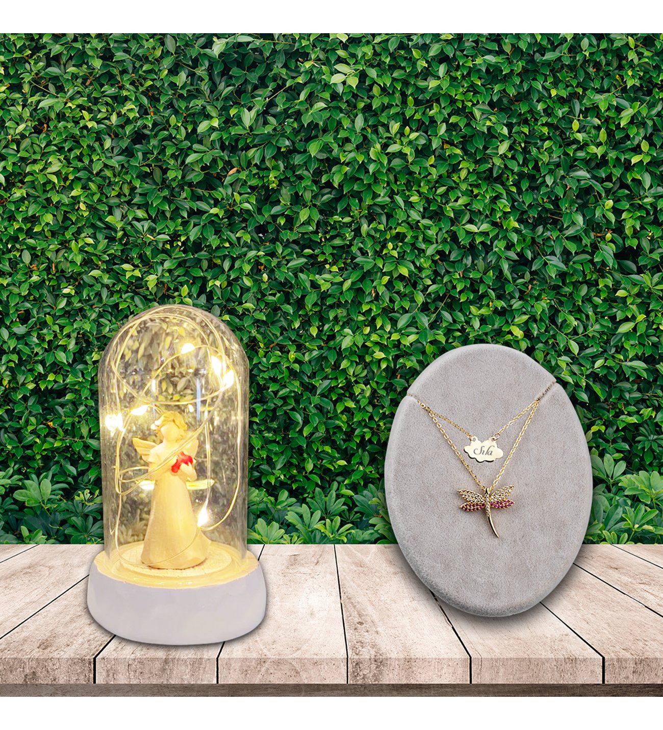 Kişiye Özel Ruby Yusufcuk Kolye ve Işıklı Kalp Tutan Melek Cam Fanus Kişiye Özel Ruby Yusufcuk Kolye ve Işıklı Kalp Tutan Melek Cam Fanus