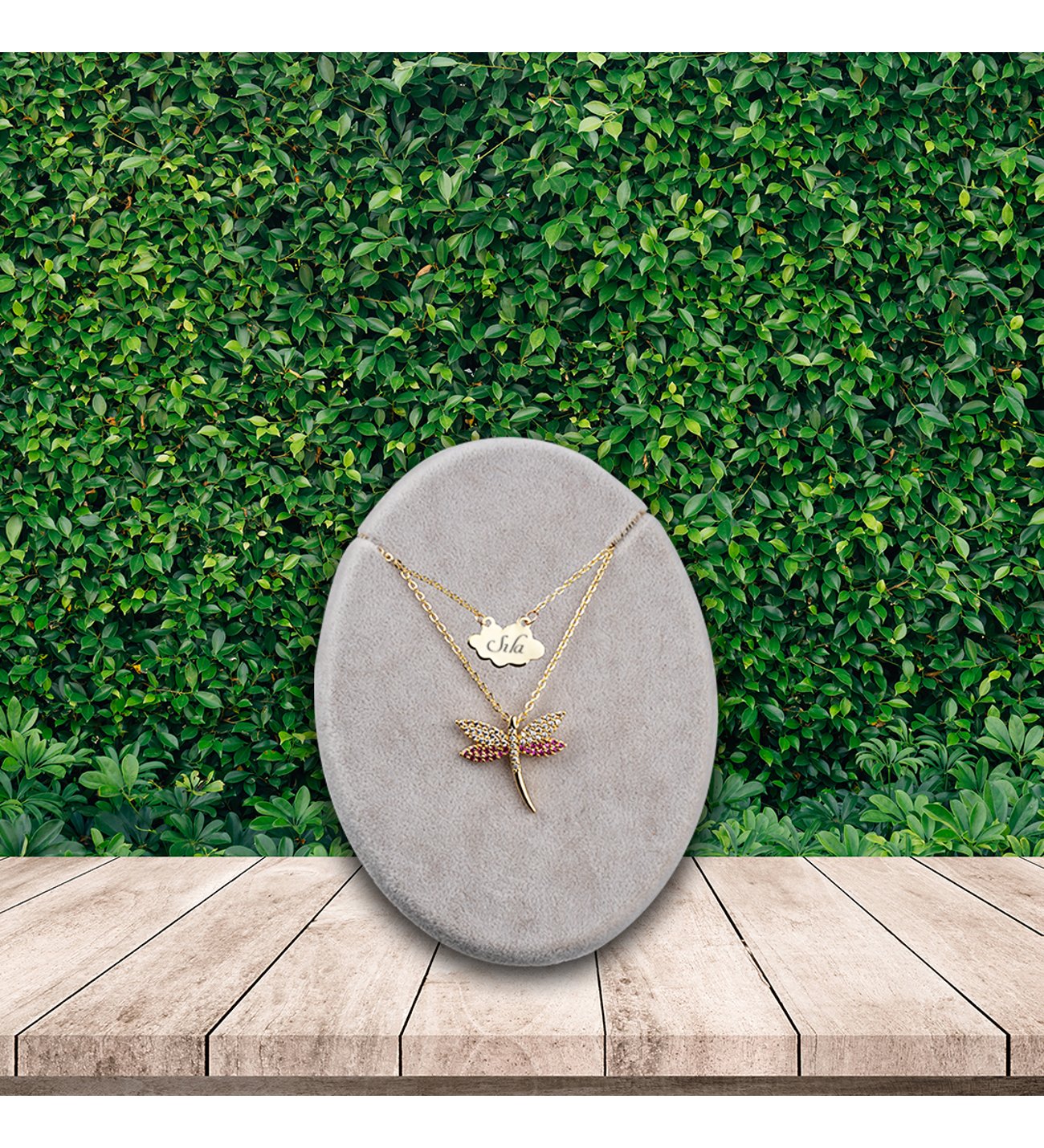 Kişiye Özel Ruby Yusufcuk Kolye ve Işıklı Yonca Tutan Şans Yonca Figürlü Melek Cam Fanus