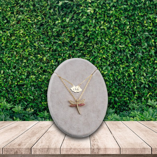 Kişiye Özel Ruby Yusufcuk Kolye ve Işıklı Yonca Tutan Şans Yonca Figürlü Melek Cam Fanus