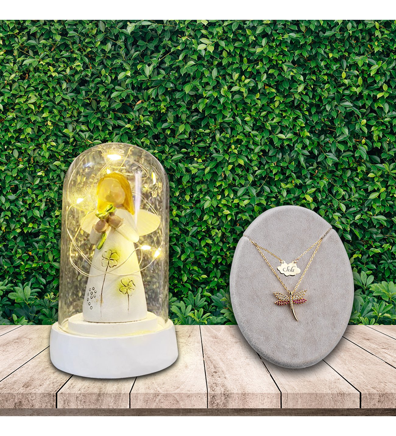 Kişiye Özel Ruby Yusufcuk Kolye ve Işıklı Yonca Tutan Şans Yonca Figürlü Melek Cam Fanus