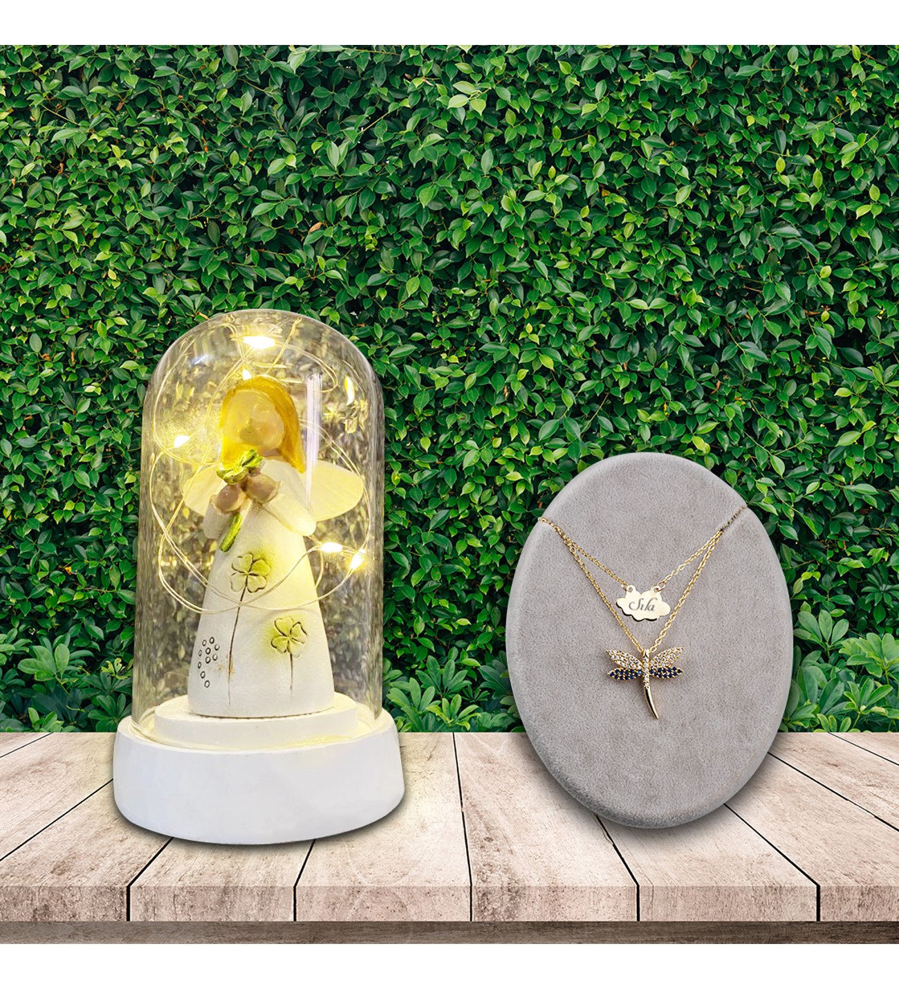 Kişiye Özel Safir Yusufcuk Kolye ve Işıklı Yonca Tutan Şans Yonca Figürlü Melek Cam Fanus