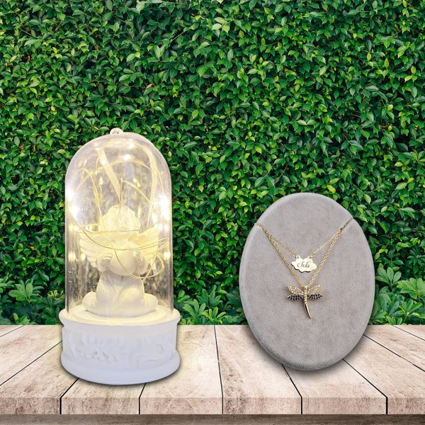 Kişiye Özel Safir Yusufcuk Kolye ve Kalpli Romantik Melek Işıklı Fanus Kişiye Özel Safir Yusufcuk Kolye ve Kalpli Romantik Melek Işıklı Fanus