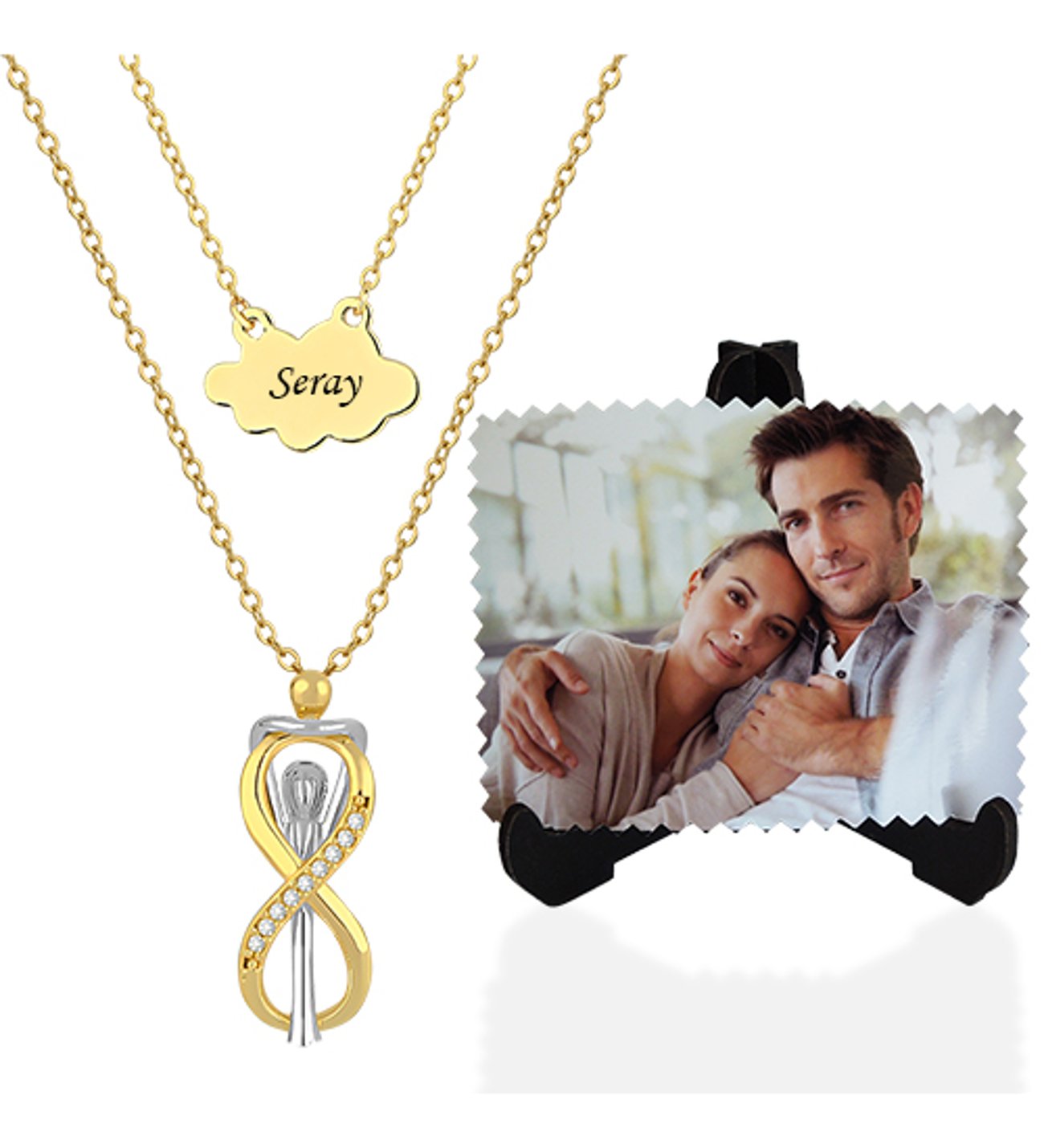 Kişiye Özel Sevgiliye Fotoğraf Baskılı Ahşap Ayaklı ve Sonsuzluk Çifti Kolye Kişiye Özel Sevgiliye Fotoğraf Baskılı Ahşap Ayaklı ve Sonsuzluk Çifti Kolye
