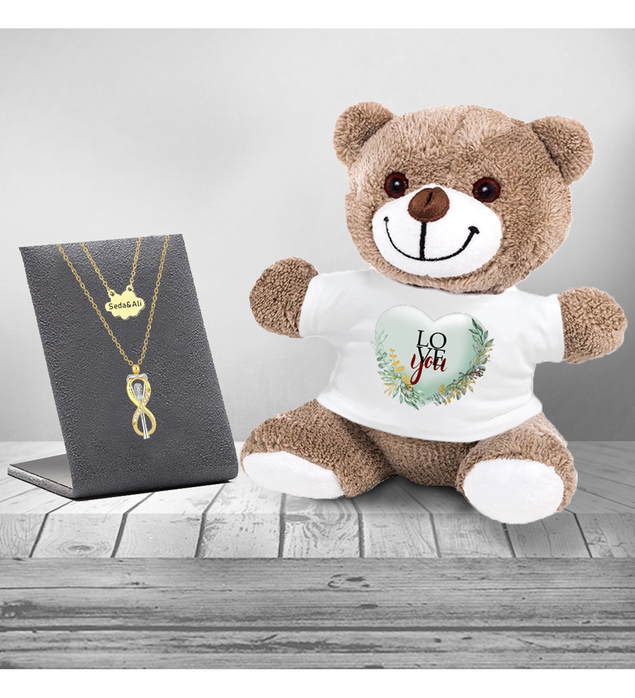 Kişiye Özel Sonsuzluk Çifti Kolye I Love You Baskılı Peluş Ayıcık