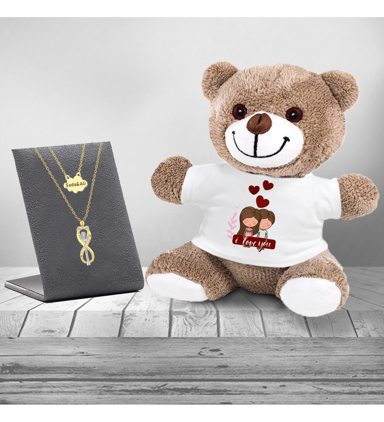 Kişiye Özel Sonsuzluk Çifti Kolye I Love You  Kırmızı Baskılı Peluş Ayıcık