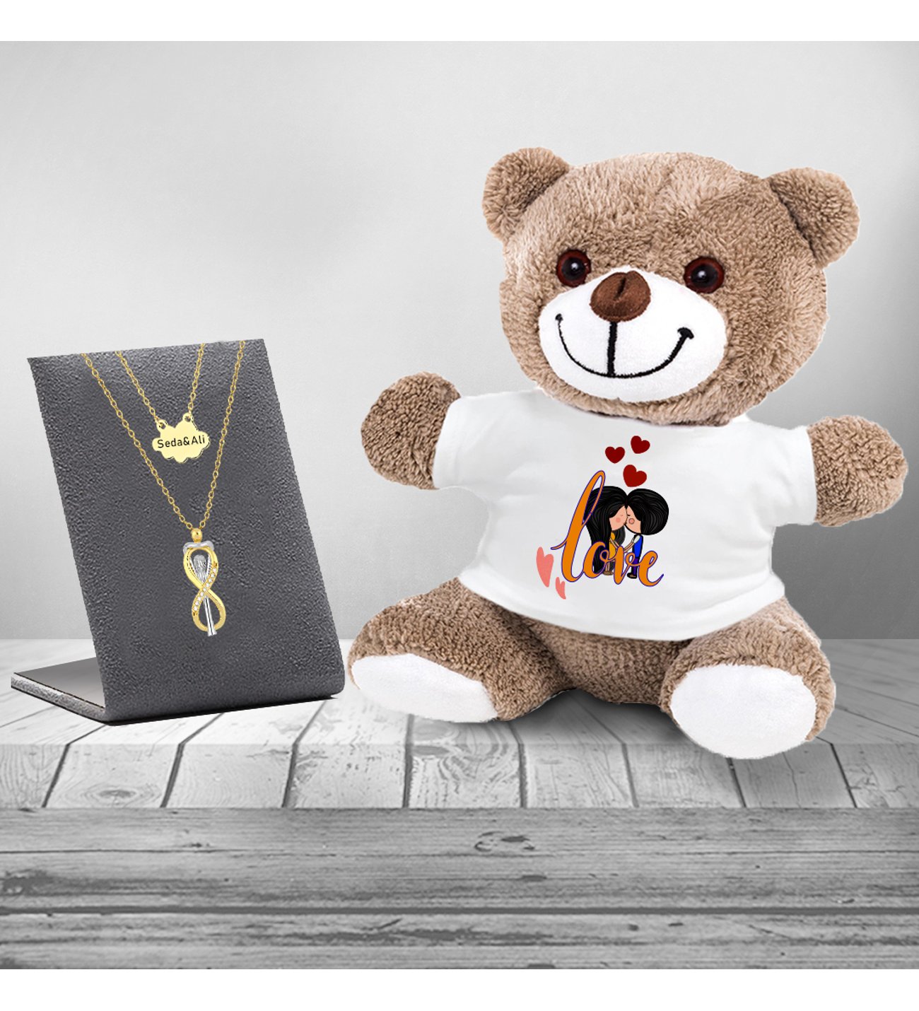 Kişiye Özel Sonsuzluk Çifti Kolye Love Çift Baskılı Peluş Ayıcık