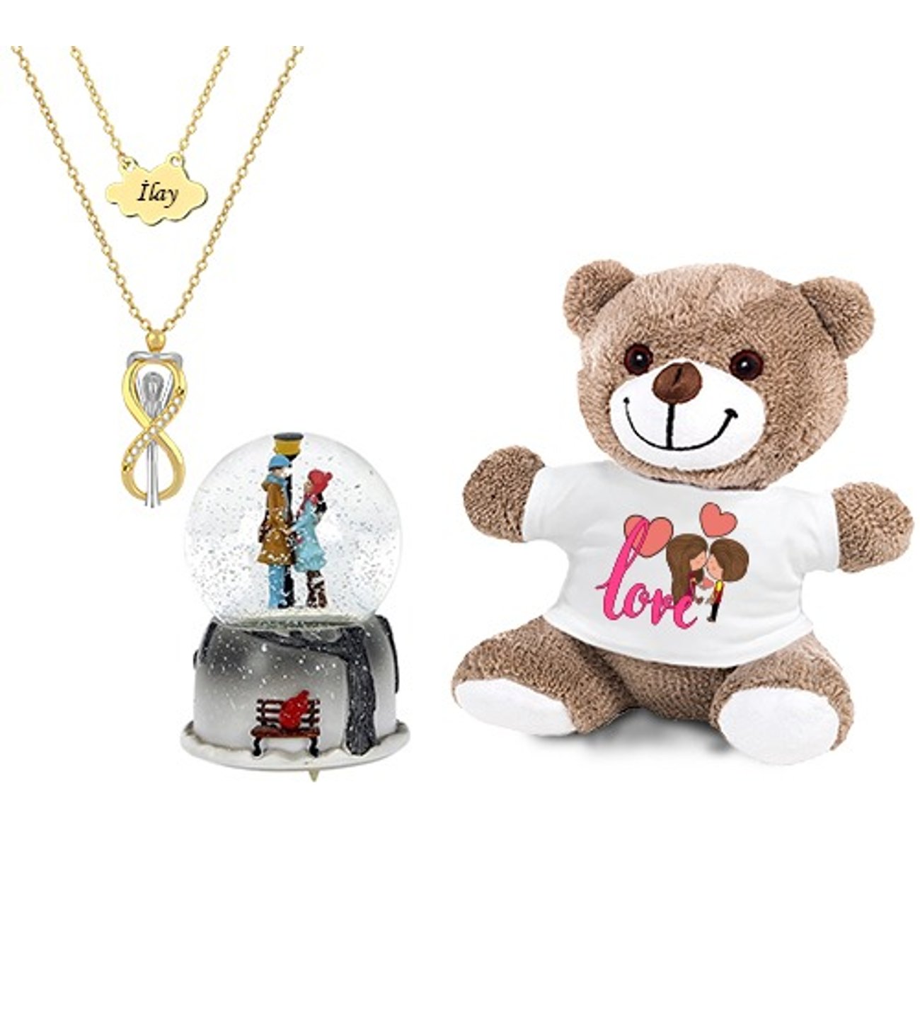 Kişiye Özel Sonsuzluk Çifti Kolye & Pembe Love Baskılı Kalp Tişörtlü Ayıcık ve Işıklı Sokak Lambalı Orta Boy Kar Küresi