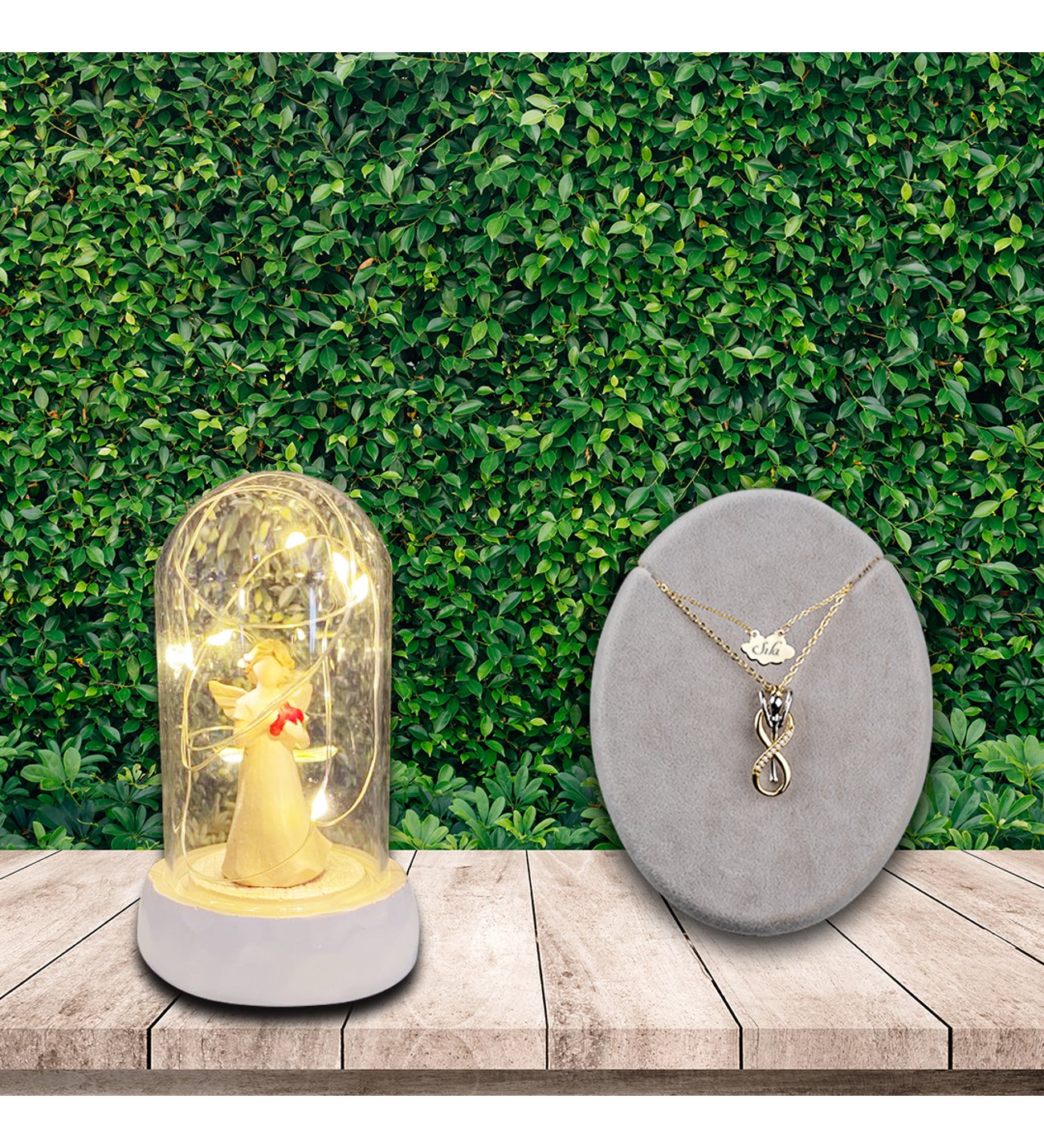 Kişiye Özel Sonsuzluk Çifti Kolye ve Işıklı Kalp Tutan Melek Cam Fanus