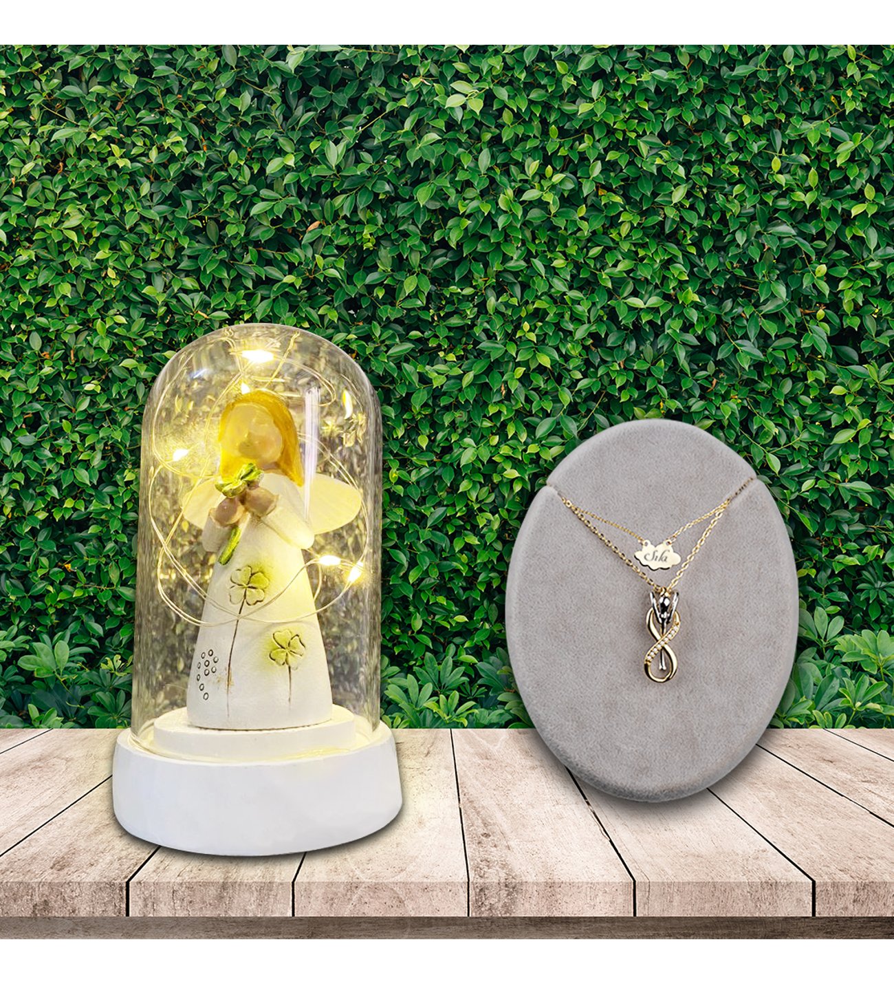 Kişiye Özel Sonsuzluk Çifti Kolye ve Işıklı Yonca Tutan Şans Yonca Figürlü Melek Cam Fanus Kişiye Özel Sonsuzluk Çifti Kolye ve Işıklı Yonca Tutan Şans Yonca Figürlü Melek Cam Fanus