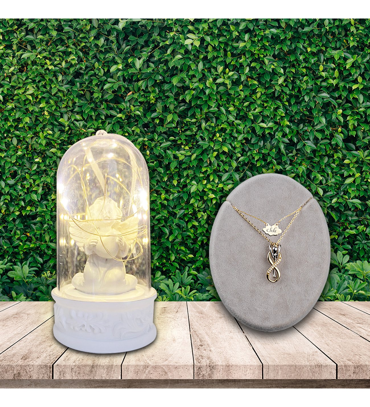 Kişiye Özel Sonsuzluk Çifti Kolye ve Kalpli Romantik Melek Işıklı Fanus Kişiye Özel Sonsuzluk Çifti Kolye ve Kalpli Romantik Melek Işıklı Fanus