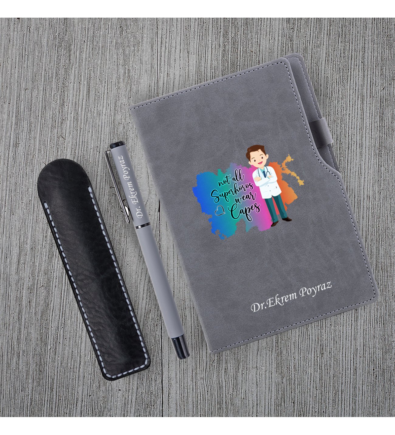 Kişiye Özel Tıp Bayramı & Bay Doktor Temalı Gri Defter Roller Kalem Kupa Seti