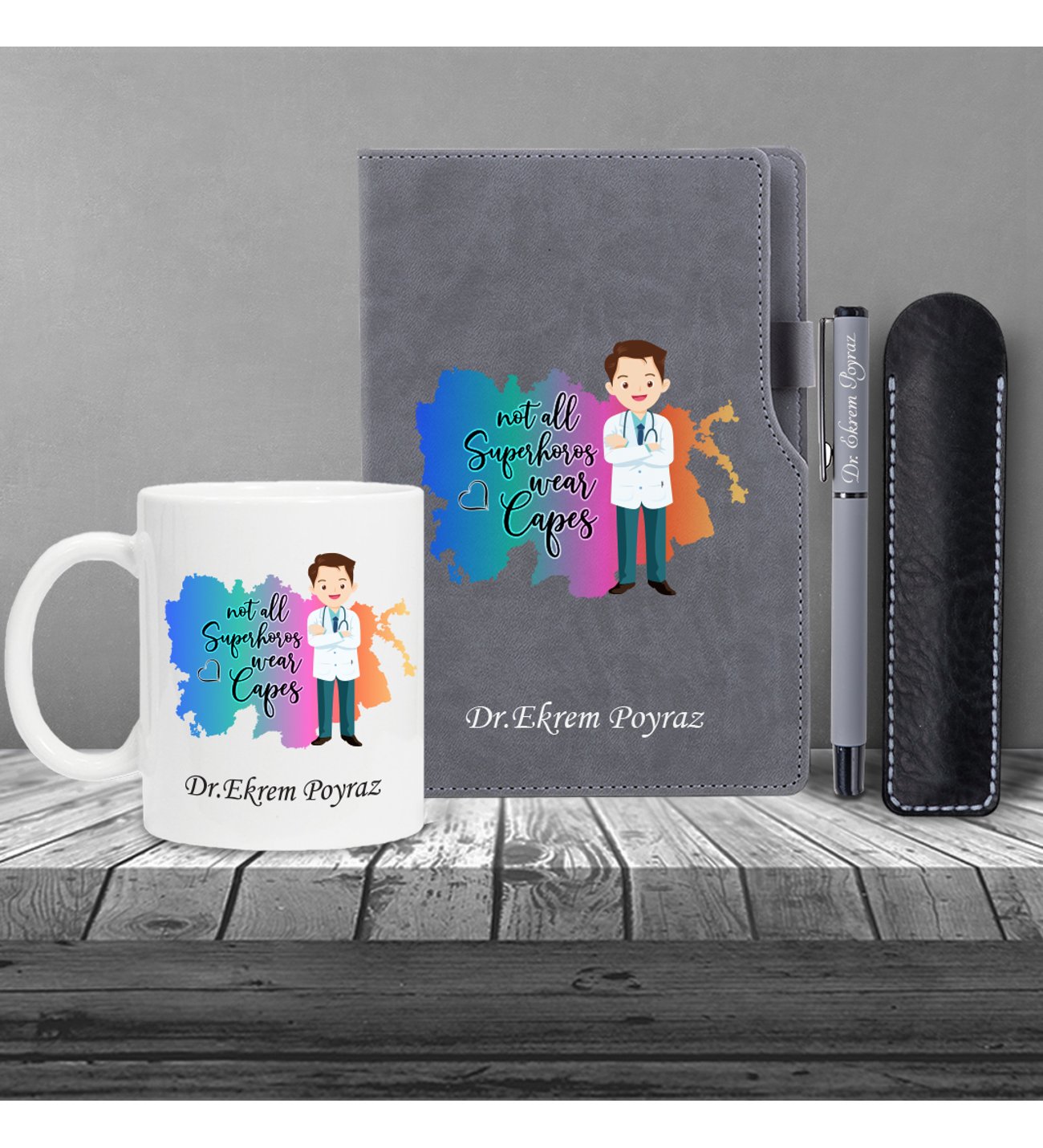 Kişiye Özel Tıp Bayramı & Bay Doktor Temalı Gri Defter Roller Kalem Kupa Seti