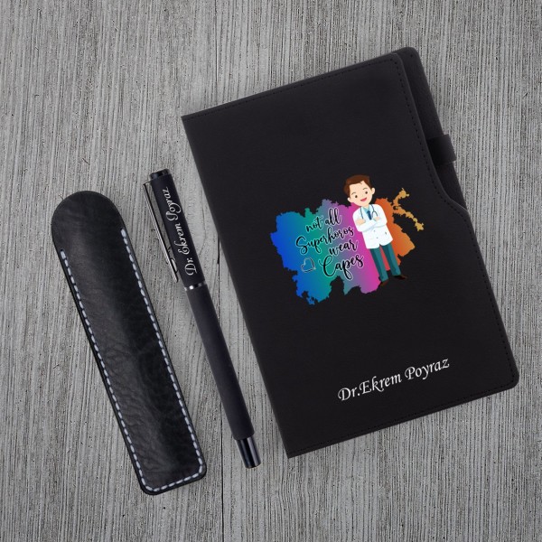 Kişiye Özel Tıp Bayramı & Bay Doktor Temalı Siyah Defter Roller Kalem Kupa Seti
