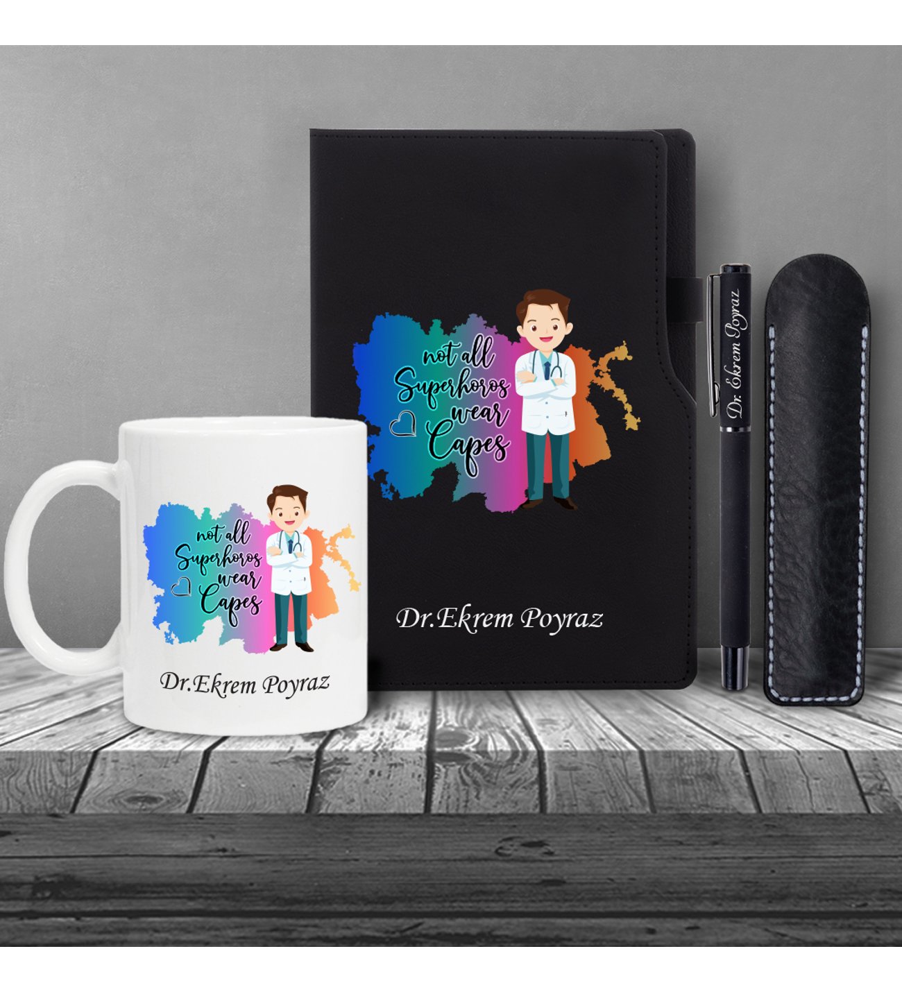 Kişiye Özel Tıp Bayramı & Bay Doktor Temalı Siyah Defter Roller Kalem Kupa Seti Kişiye Özel Tıp Bayramı & Bay Doktor Temalı Siyah Defter Roller Kalem Kupa Seti