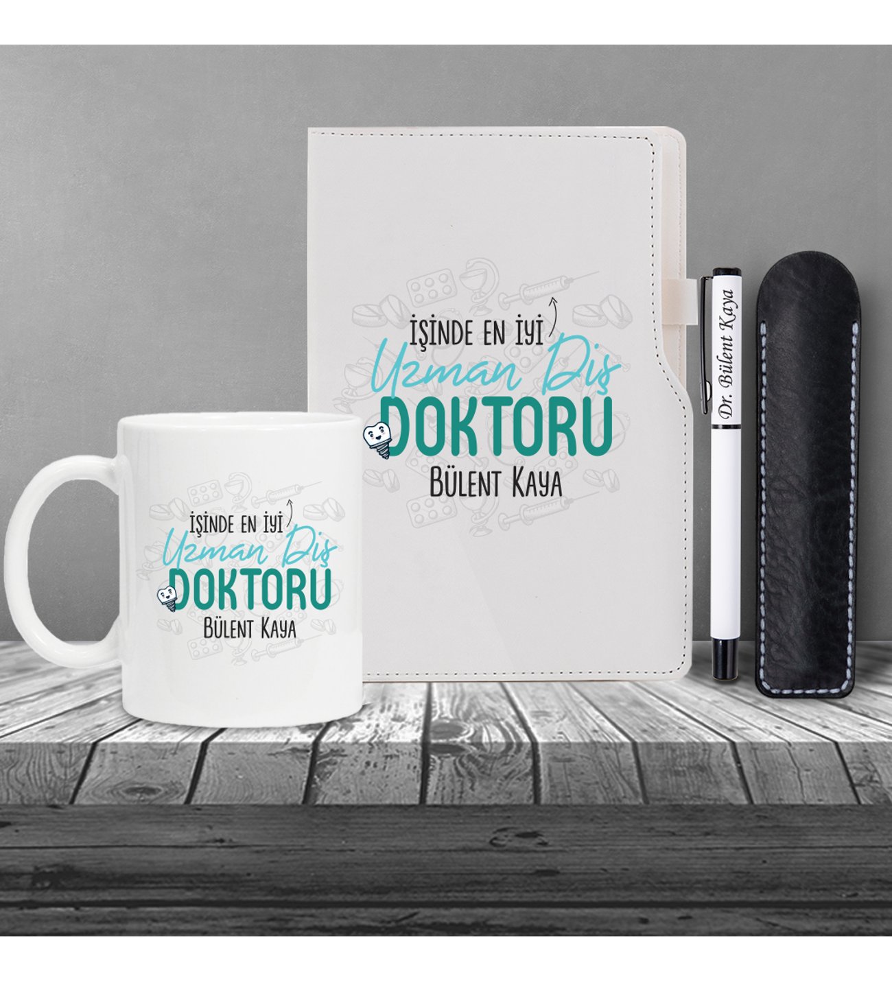 Kişiye Özel Tıp Bayramı & Diş Doktoru Temalı Beyaz Defter Roller Kalem Kupa Seti