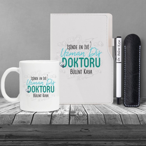 Kişiye Özel Tıp Bayramı & Diş Doktoru Temalı Beyaz Defter Roller Kalem Kupa Seti