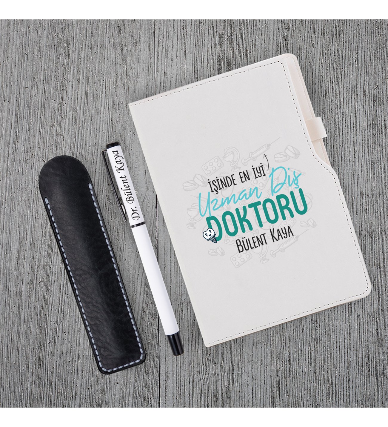 Kişiye Özel Tıp Bayramı & Diş Doktoru Temalı Beyaz Defter Roller Kalem Kupa Seti