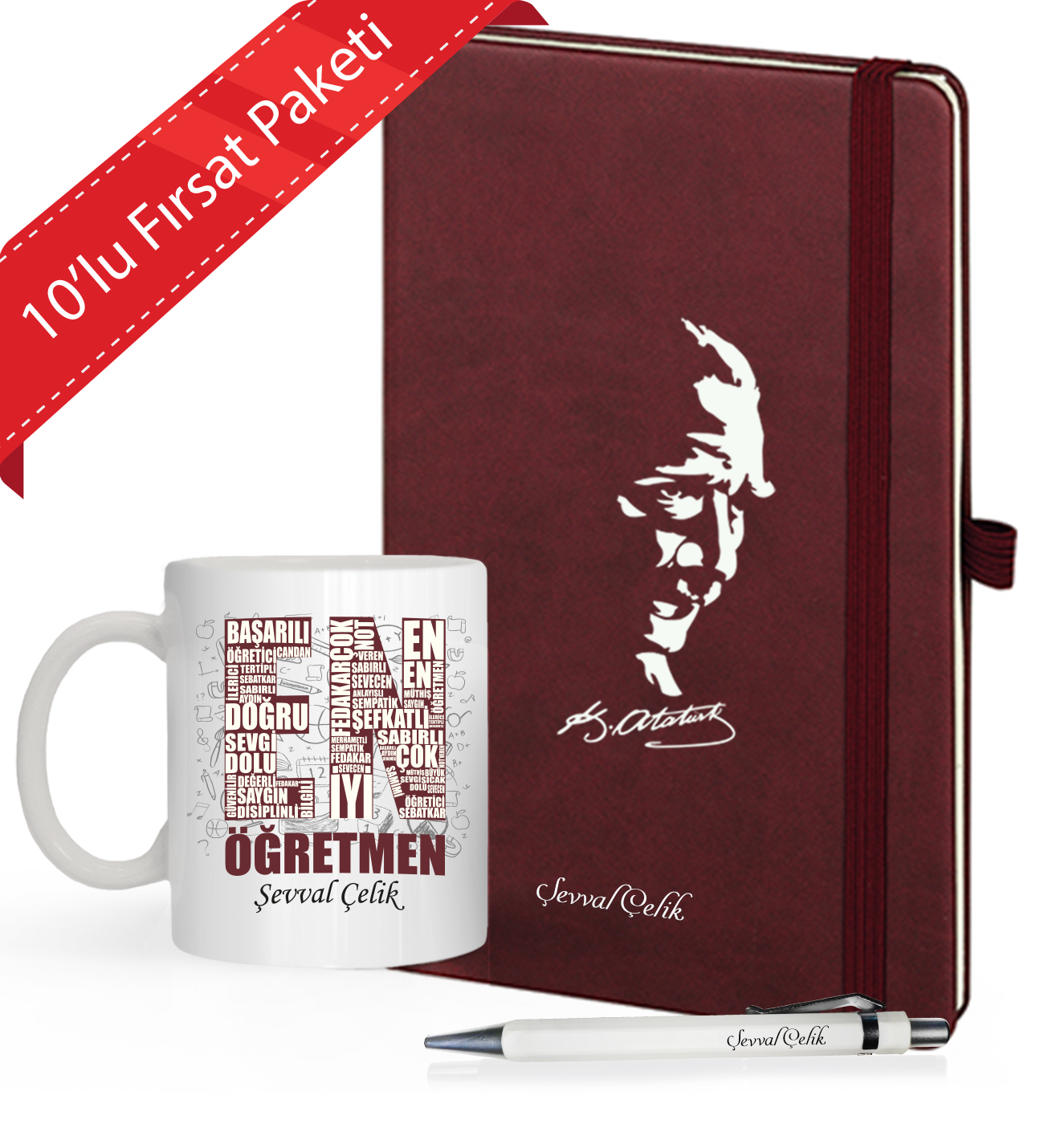 Kişiye Özel UV Baskılı 10' lu Öğretmenler Günü Temalı Atatürk Siluletli  Defter & Beyaz  Kalem ve En İyi Öğretmen  Kupa Seti