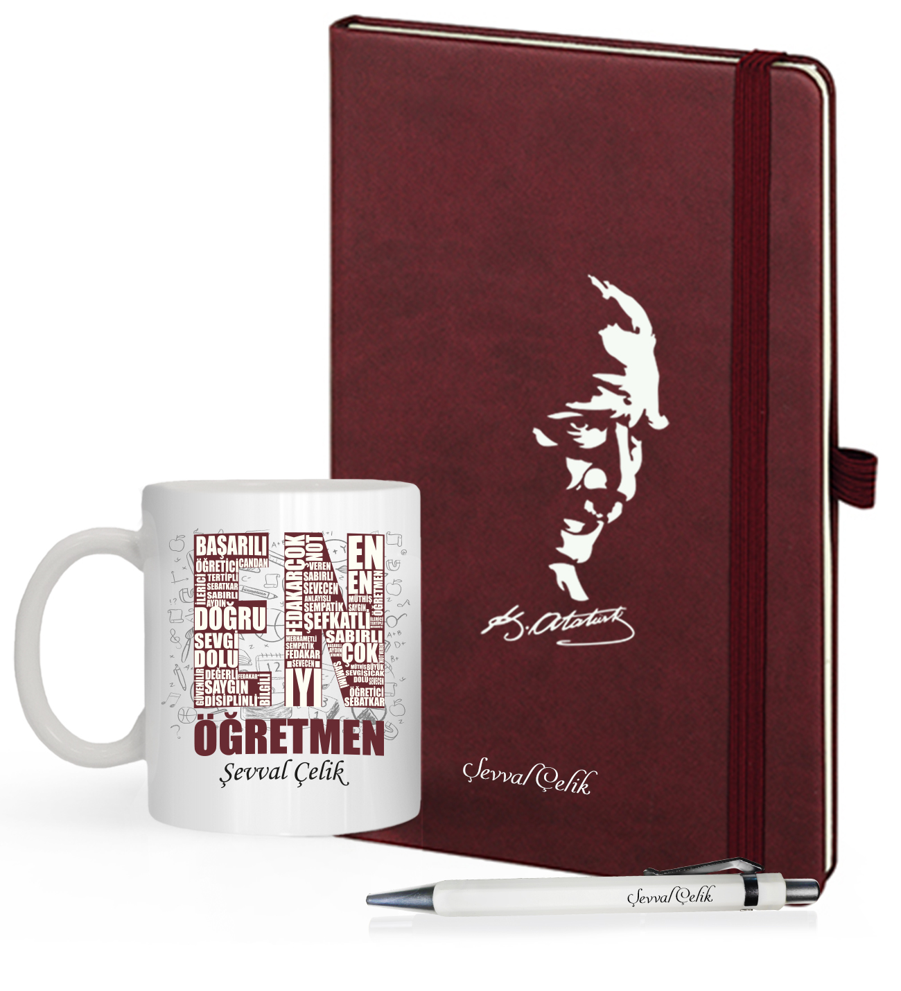 Kişiye Özel UV Baskılı 10' lu Öğretmenler Günü Temalı Atatürk Siluletli  Defter & Beyaz  Kalem ve En İyi Öğretmen  Kupa Seti
