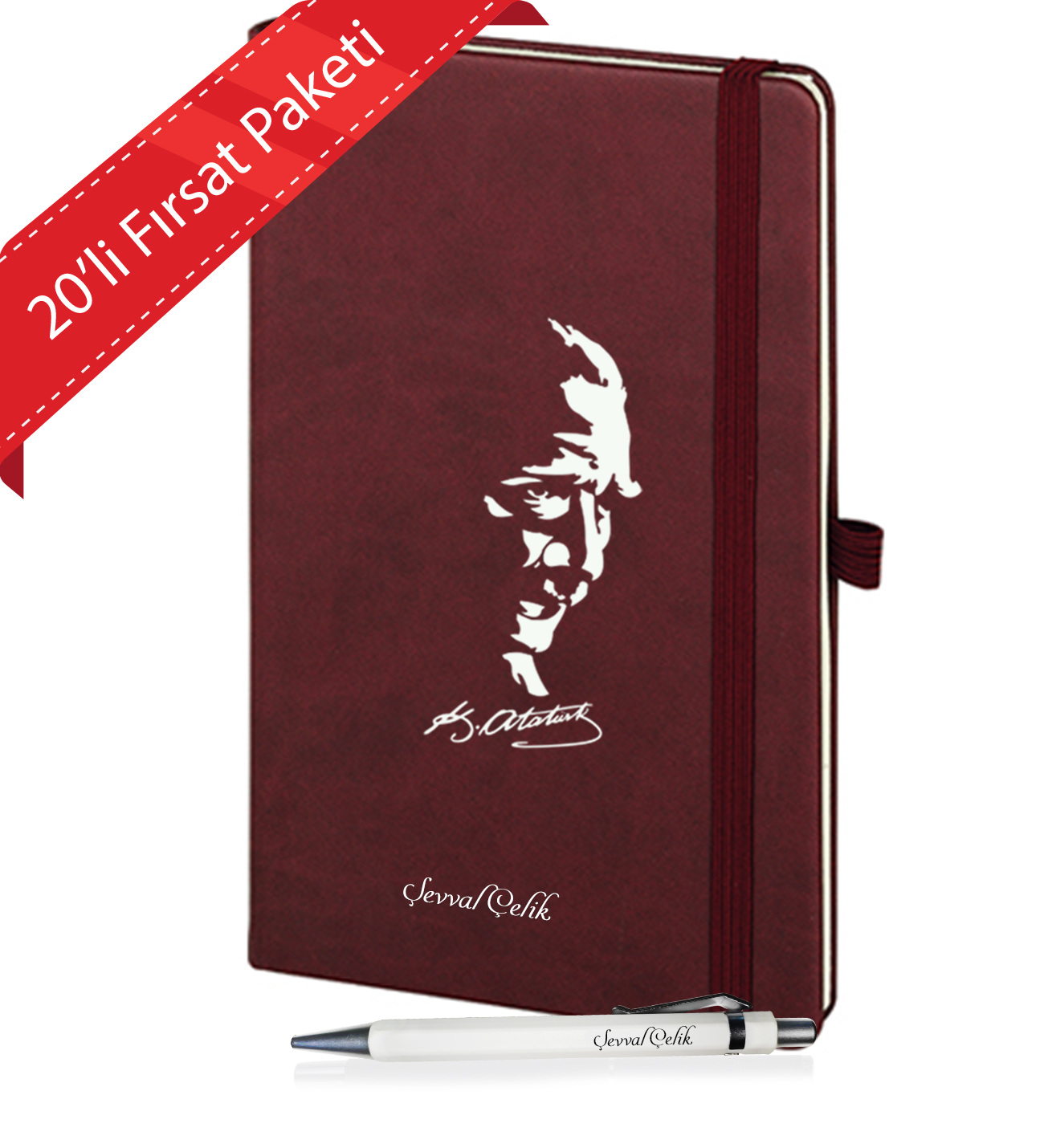 Kişiye Özel UV Baskılı 20'li Öğretmenler Günü Temalı Atatürk Siluletli   Defter & Beyaz  Kalem  Seti