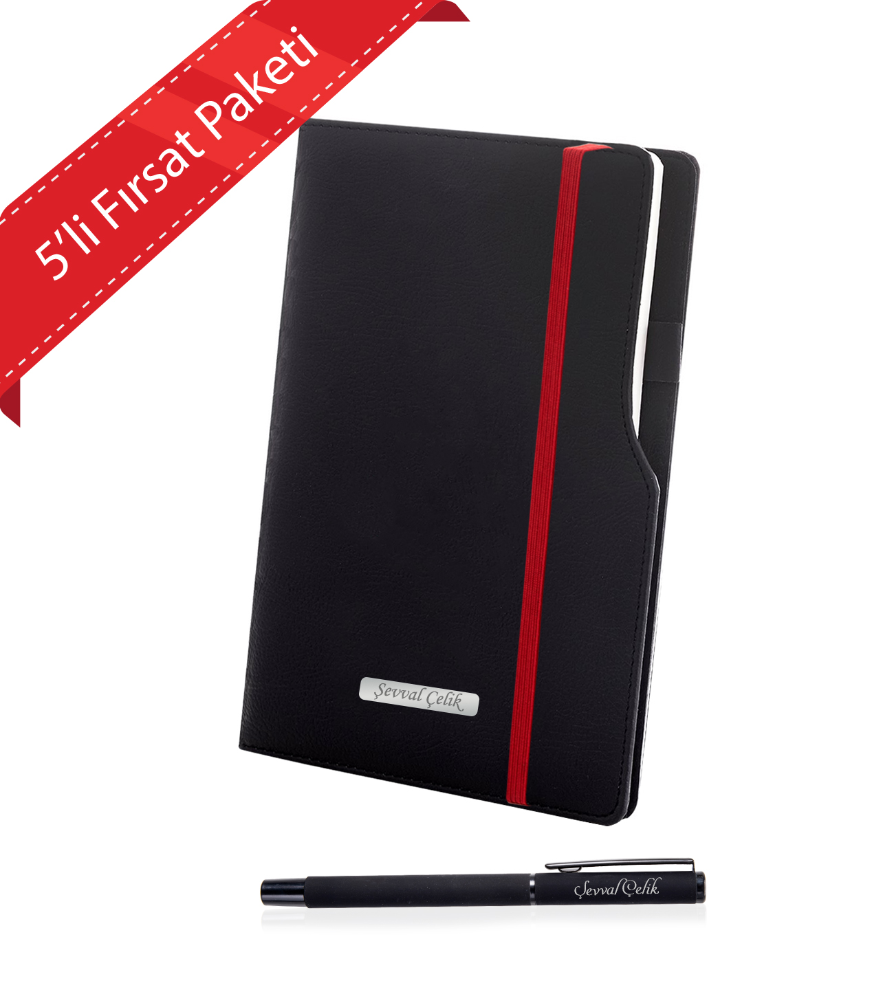 Kişiye Özel UV Baskılı 5 li Öğretmenler Günü İsme Özel Plakalı Siyah Defter & Siyah Roller Kalem  Seti
