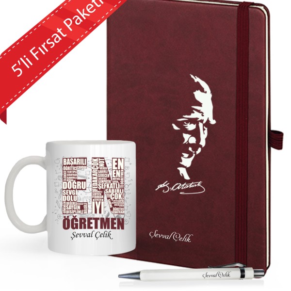 Kişiye Özel UV Baskılı 5 li Öğretmenler Günü Temalı Atatürk Siluletli  Defter & Beyaz  Kalem ve En İyi Öğretmen  Kupa Seti